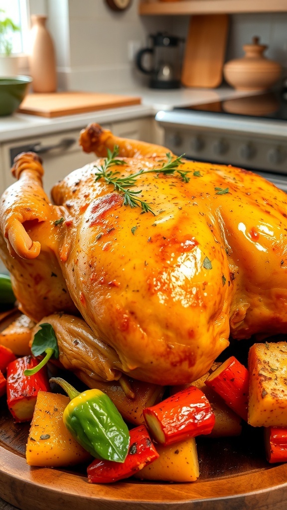 A golden brown rotisserie chicken seasoned with herbs, garnished with fresh herbs, served with roasted vegetables on a wooden platter.